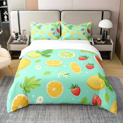 Homewish Fruit Print 100% Organic Cotton Duvet Cover for Kids Boys Girls,Watermelon Strawberry Orange Comforter Cover,Summer Daisy Bedding Set Soft,Green Plant Quilt Cover 3Pcs King