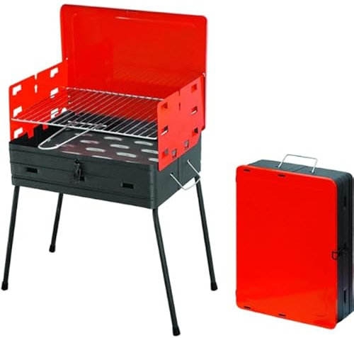 Barbecue Rettangolare Richiudibile a Valigetta, con Griglia in Acciaio, BBQ da Asporto, Portatile, per Campeggio Esterno Giardino Picnic, Carbonella, 33x43x48cm, Rosso