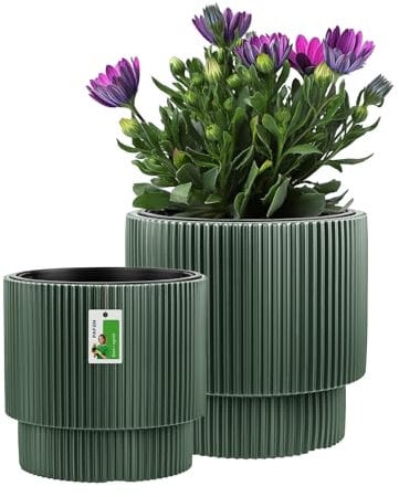 PAFEN Kunststoff Blumentopf Set - 2 Großen: 29,5 cm und 39,5 cm - Elegant Blumenkübel im Doppelpack Übertopf Pflanztopf Pflanzkübel Für Innen Und Balkon Garten Pflanzen | Flaschengrün