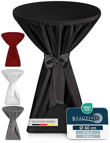 Beautissu Premium Stehtischhussen Blickdicht rutschfest bügelfrei waschbar | 60cm Schwarz Tischhussen für Stehtische Stehtischüberzug Husse für Stehtisch Bistrotisch Schleifenband Überzug Giulia Premium