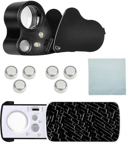 Gobesty 2 Stück Juwelierlupe mit Licht, 30X 60X 90X Beleuchtete Vergrößerungsglas, Taschen Lupe mit LED UV Licht, Linse 22 x 12mm Glas, Uhrmacherlupe für Rocks, Briefmarken, Modelle, Fotos (Schwarz)