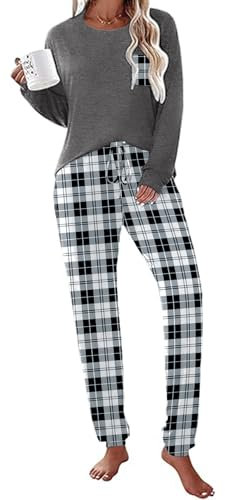 Ekouaer Pyjama Femme Hiver Vêtements De Nuit Carreaux Chaud Pyjama 2 Pièces Manches Longues Survêtement Col Rond, Noir à Carreaux, L