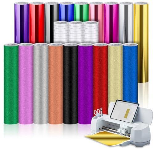 21 Unidades de Smart Permanent para Cricut Explore 3/Maker 3, 9 Efecto Espejo Metálico y 9 Brillantes Holográfico con 3 Láminas de Transferencia Autoadhesivas y Extraíbles