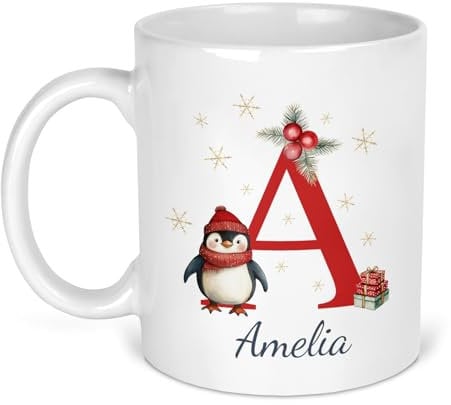Personalised Christmas Mug with Initial & Name - Custom Festive Coffee & Hot Chocolate Mug - Perfect Xmas Gift for Christmas Eve Box, Secret Santa Present, Family, Friends, Kids, Mum & Dad (Penguin)