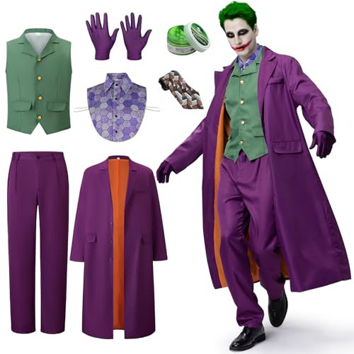 IEEILULU Joker Kostüm Herren, Horror Clown Halloween Killer Outfit Set Mit Lila Mantel, Grüne Weste, Hose, Krawatte, Falschem Hemdkragen Und Handschuhen (2XL)