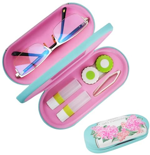 STNRST-IN 2 in 1 Contact Lens and Glasses Case, Double Sided Portable Eyeglass Lens Box Holder for Travel, Contact Case Kit with Built-in Mirror, Tweezer and Contact Lens Solution Bottle (Blue)