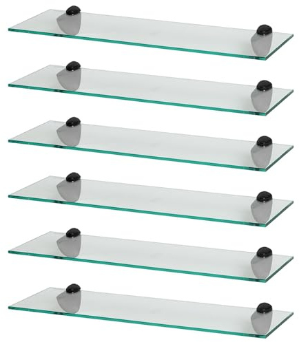 Harbour Housewares Floating Glass Bathroom Shelves - 60cm - Clear/Black - 6x Wall-Mounted Kitchen Bedroom Shower Room Décor Caddy Towel Storage Organiser Shelving Rack with Brackets