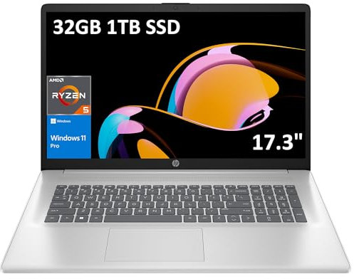 HP Laptop 17 (17,3 pollici FHD antiriflesso, AMD Ryzen 5 7430U, 32 GB di RAM, 1 TB SSD, 6 core (> i7-1165G7)), business, studenti, batteria a lunga durata, webcam, ricarica