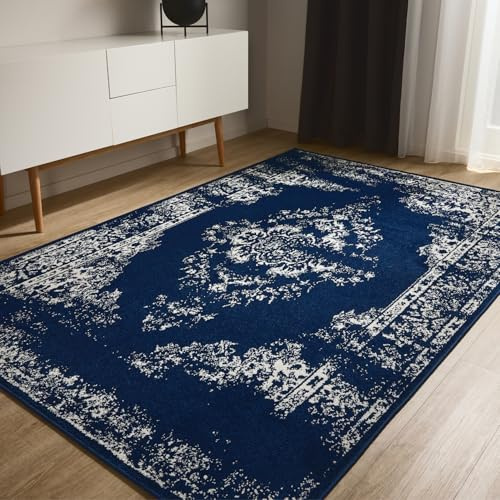 benuta Basic Teppich Sia - Blau 60x120 cm - Kunstfaser - Rechteckig & im Style: Vintage, Boho-Style, Retro - Pflegeleicht für Wohnzimmer Schlafzimmer