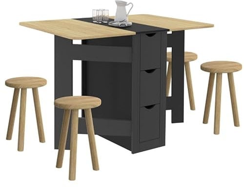 IDMarket – Mesa consola plegable EDI 2-4 personas con 3 cajones negros, bandeja de madera de haya, 103 x 76 cm