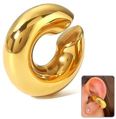 Ohrringe für Damen, große Creolen, Ear Cuff Clips, rundes Design, dick, ohne Loch, Edelstahl, vergoldet und silberfarben, Chunky Ringe, Mediano, Sterling Silber, Mondstein