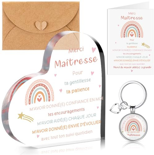 Namalu Cadeaux de Merci de Maitresse 1 Ornement Acrylique de Cœur 1 Porte-Clés Arc-en-Ciel 1 Remerciement Carte de Vœux 1 Enveloppe pour Adieu Journée des Enseignants Diplômé Fin d'Année Anniversaire