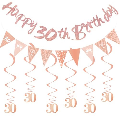 AIZHAZHA Deko 30 Geburtstag Frau, Girlande 30 Geburtstag Deko Banner Set Frauen, Rosegold Geburtstagsdeko 30 Frau, 30er Happy Birthday Girlande Spiralen Hängedeko