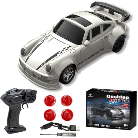RCXTechPro 1/64 Scale Mini RC Drift Car, 2.4Ghz High speed 4WD Full-scale Throttle Drift Racing Sport Remote Control Car Desktop Gift for Adults Enthusiasts -White