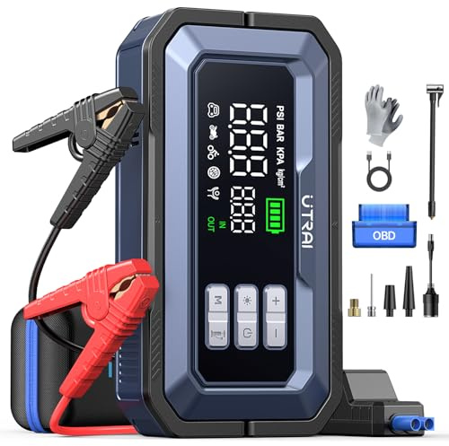 UTRAI Booster Avviamento Auto, 7000A 150PSI Avviatore di Emergenza con Compressore (Motori a Benzina fino/12L Diesel), Starter Batteria Auto con Cavi Avviamento, Faro 2000 Lumen, Diagnosi OBD, Guanti