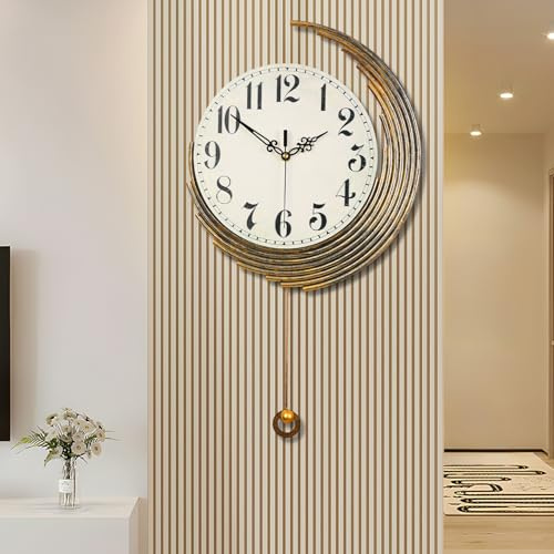 Gilacco Decorative Wall Clocks with Pendulum,Silent Quality Quartz Movement Battery Operated,Vintage Wall Clock for Living Room Kitchen Home Bathroom Bedroom Wall Decor,13x22Inch,Retro Golden