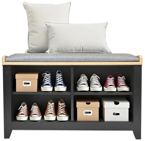 Livhome Black Storage Bench with Cushion, 4-Shelf Shoe Storage Bench with Seat, Padded Shoe Stool, Entryway Shoe Changing Stool, Hallway Seat with Storage, Shoe Rack Seat, Closet Organizer