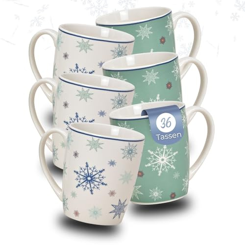 Schöne Weihnachtstassen im 36 Stk. Karton - große 300 ml Kaffee-Tassen mit Scheeflocken Weihnachtsmotiven in türkis weiß