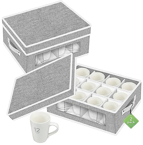 VERONLY 2 Pack Cup and Coffee Mug Storage Box Organiser with Dividers, China Storage Containers Hard Shell with 24 Compartments for Mugs Moving and Protection (Light Grey)