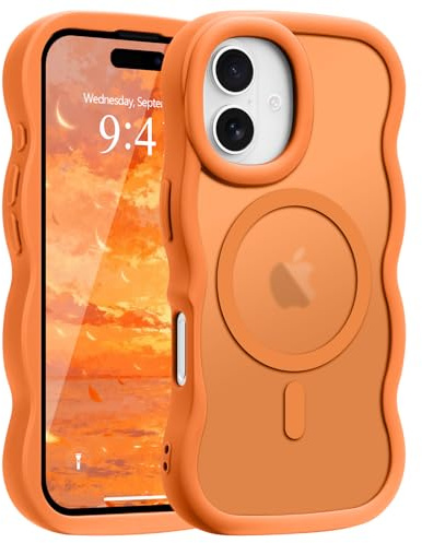 Pepmune Magnetic for iPhone 16 Case Translucent Matte Orange | Compatible with Magsafe,Cute Curly Wave Frame Phone Case,Soft TPU Bumper Slim Fit Shockproof Protective Cover for Men-Orange
