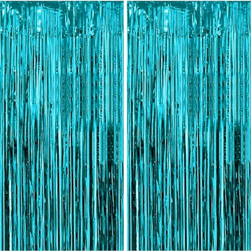 Jonami Lametta Vorhänge Hellblau, 2X Folie Fransen Vorhang Schimmer, Metallic Tinsel Vorhänge Hintergrund Fringe Glitzervorhänge Fransenvorhang Metallfolie für Party Deko Geburtstagsdeko -2stk-