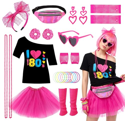 Costume complet des années 80 en 27 pièces, accessoires, robe de soirée disco, lumières néon des années 90, t-shirt, tutu, bracelets, sac de taille, lunettes, bracelets, colliers, chauffe-jambes, pour