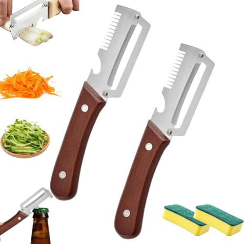Pelador Multifuncional,Cuchillo Pelador Multifuncion,Pelador Premium 2 En 1 y Pelador Dentado — Acero Inoxidable Con Mango De Madera — Ideal Para Frutas, Verduras, Pescado y Botellas (2*A)
