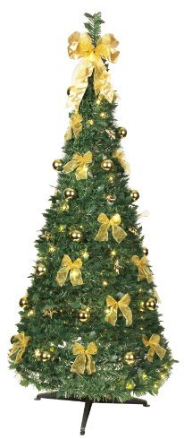 Best Season Dekorierter LED-Tannenbaum, beleuchtet circa 190 x 80 cm mit 80 warmwhite LED mit 8 Funktionen, zusammenfaltbar, goldene Dekoration Vierfarb-Karton 603-91