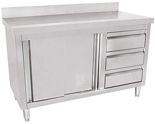 Beeketal 'BAS120-60R' Gastro Edelstahl Küchenschrank mit 3 Schubladen (rechts), 2 Rolltüren und 4 verstellbaren Standfüßen, Küchen Arbeitsplatte mit 10 cm Aufkantung - (L/B/H) ca. 1200 x 600 x 950 mm