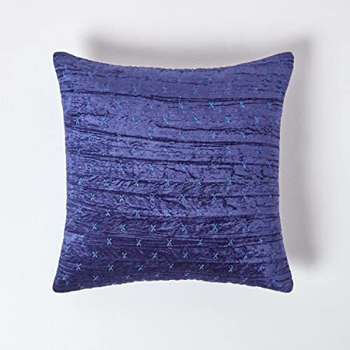 HOMESCAPES Navy Blue 40 x 40 cm Crushed Velvet Cushion Cover with Embroidered Design Super Soft Dark Blue Luxury Decorative Square Scatter Cushion Throw Pillow for Sofa or Bed with Zip Closure