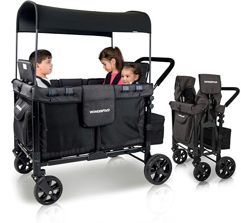 WONDERFOLD W4 Original Quad-Kinderwagen mit 4 hohen Sitzen, 5-Punkt-Gurten, leicht zugänglicher Front-Reißverschluss-Tür und abnehmbarem UV-Schutzdach, Schwarz