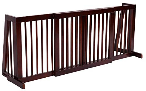 GOPLUS Barrière de Sécurité Pliable en Bois de Pin pour Chiens/Chiots/Animaux, Grille de Protection Extensible avec 3 Panneaux Télescopique, Marron 140-203 x 56 x 9,5CM