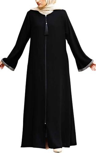 istanbul styles Damen-Abaya, langärmelig, offener Steinbruch, bodenlang, Reißverschluss, bodenlang, türkisch-islamische Mode (DE/NL/SE/PL, Alphanumerisch, 3XL, Regular, Regular, Schwarz)