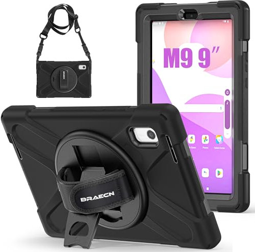 BRAECN Funda para Lenovo Tab M9 HD 9 Pulgadas 2023 TB-310FU, Carcasa Rugosa con Soporte de Rotación de 360°, Correa de Mano/Hombro, Carcasa Antichoque para Tab M9 9, Negro
