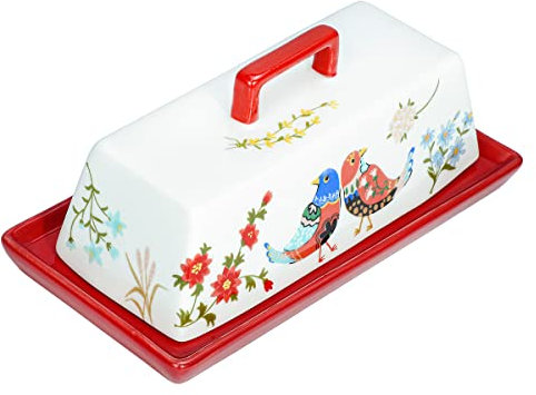 Sizikato Porzellan-Butterdose mit Deckel, rote Blume und Vogelmuster, 19,1 cm