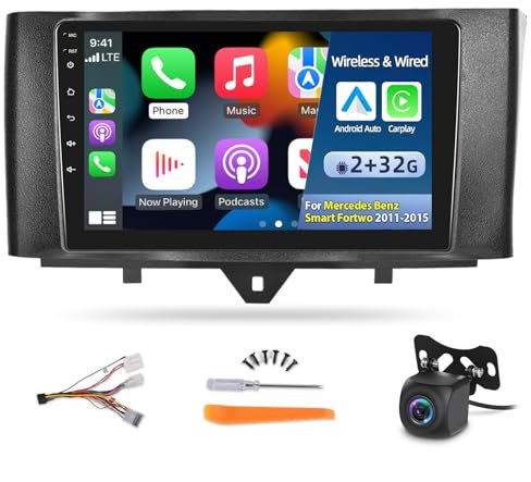 [2G+32G] Autoradio pour Mercedes Benz Smart Fortwo 2011-2015, écran tactile Android de 9 pouces, Apple Carplay sans fil et Android Auto / 1080P / WiFi + caméra de recul AHD + microphone