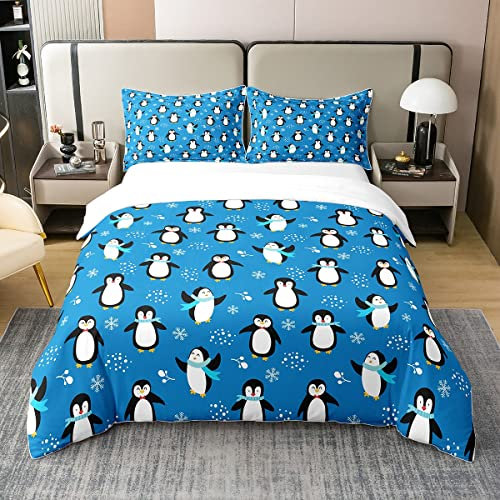 Pinguin 100% Gewaschene Baumwolle Bettbezug 135x200 Kawaii Pinguin Bettwäsche Set Antarktische Tier Tröster Abdeckung für Jungen Cartoon Nette Winter Thema Schneeflocke Muster Steppdeckenbezug,Blau