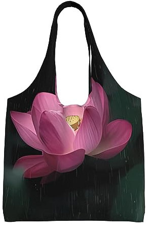 Canvas Tote Bag Reusable Foldable Shopping Bag Travel Handbag Lotus Flower Print Shoulder Tote Bags, Schwarz , Einheitsgröße