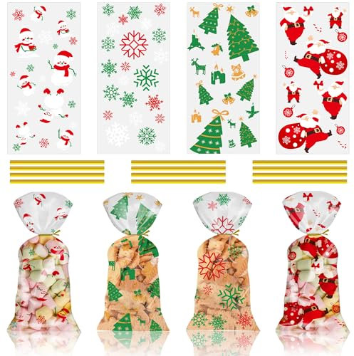 AWCIGG® 120 Stück Cellophantüten Weihnachten Plätzchentüten Kekstüten Transparent Zellophantüten Geschenktüten zum Befüllen Klein Cellophantüten Süßigkeiten Plätzchen Gebrannte Mandeln Tüten