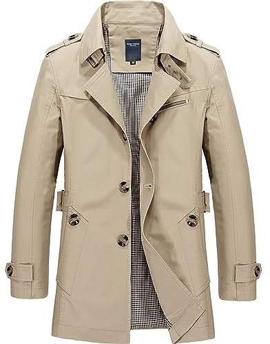 Gefomuofe Men's Trench Coat - Long Wool Coat, Business & Casual, Slim Fit, Windproof & Outdoor, Khaki, L