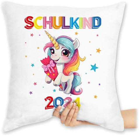 Kissen 40x40 Zierkissen - Einschulung Deko Schulanfang Geschenke - Schulkind 2025 Einhorn Unicorn Fabelwesen - 40 x 40 cm - Weiß - einschulung. 2023 schulanfänger schulkinder 1. schultag geschenk