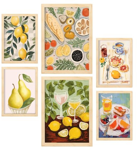 Nacnic 6er-Set Zitronen und Marmelade Poster. In Foodies Poster. Ästhetische dekorative Gemälde für Ihr Wohnzimmer, Schlafzimmer, Zuhause Größen A4 und A3 mit Lichtholzrahmen
