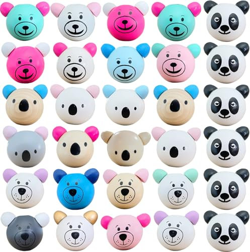 30 Stück Holzperlen mit Gesicht, Koala Bär Panda Gesicht Holzperle, Holzkugeln mit Gesicht DIY Basteln Zur Herstellung von Quasten, Halsketten, Armbändern (Zufällige Farbe)