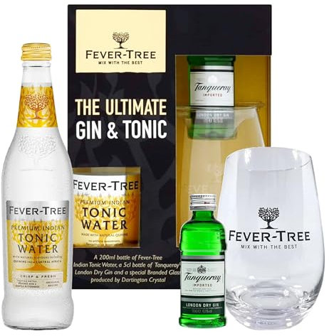 Fever Tree Gin Gift Set - Ultimate Indian Tonic Water 20cl, Dry Gin 5cl Miniature Alcohol Bottles & Branded Glass Gin Gift Set for Birthday Gifts, Christmas Gifts for Women, Stocking Fillers