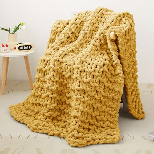 Viviland Decke Grob Gestrickte, Grobstrick-überwurf Strickwolle Dickes Garn, 100% Dicke Wolle Zum Handstricken Strickdecke, überwürfe Für Sofa Gestrickte Bettüberwurf-DeckenFürBetten, 127x152cm, Gelb