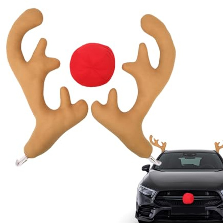 Uozonit Rentier Auto Weihnachtsdeko, Universell Weihnachtsdeko Auto Rentier Kostüm, Autozubehör Weihnachts-Geweih, Rudolf Auto Deko Mit Roten Nase, Weihnachts Autodekorationen