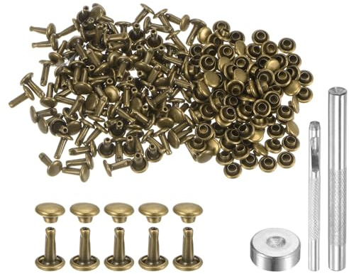 QUARKZMAN 100 Ensembles de Rivets en Cuir 8 x 6 mm, Attaches à Double Capuchon en Métal, Attaches Pression, avec 3 Outils de Pose, pour Projets d'Artisanat en Cuir, Couleur Bronze