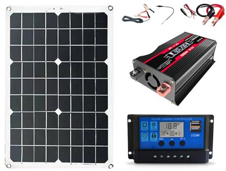 DADEA Kit de Panneau Solaire Avec Panneau et Onduleur, Système D'alimentation Solaire Kit Complet Maison 20W Panneau 30A Contrôleur 300W Onduleur 12V à 220V Double USB LCD Prise Universelle pour la M