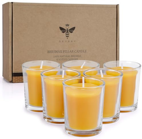 Velas votivas de cera de abeja pura, paquete de 6 velas votivas naturales en taza de vidrio para decoración del hogar, habitación, fiesta, boda, spa regalo