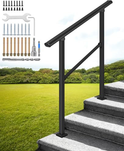 Handrails for Outdoor Steps, Fits 2 to 4 Steps, Black Wrought Iron Stair Railing, Transitional Handrail with Installation Kit, Handrails for Concrete Steps or Wooden Stairs (Handrail 3 Steps)